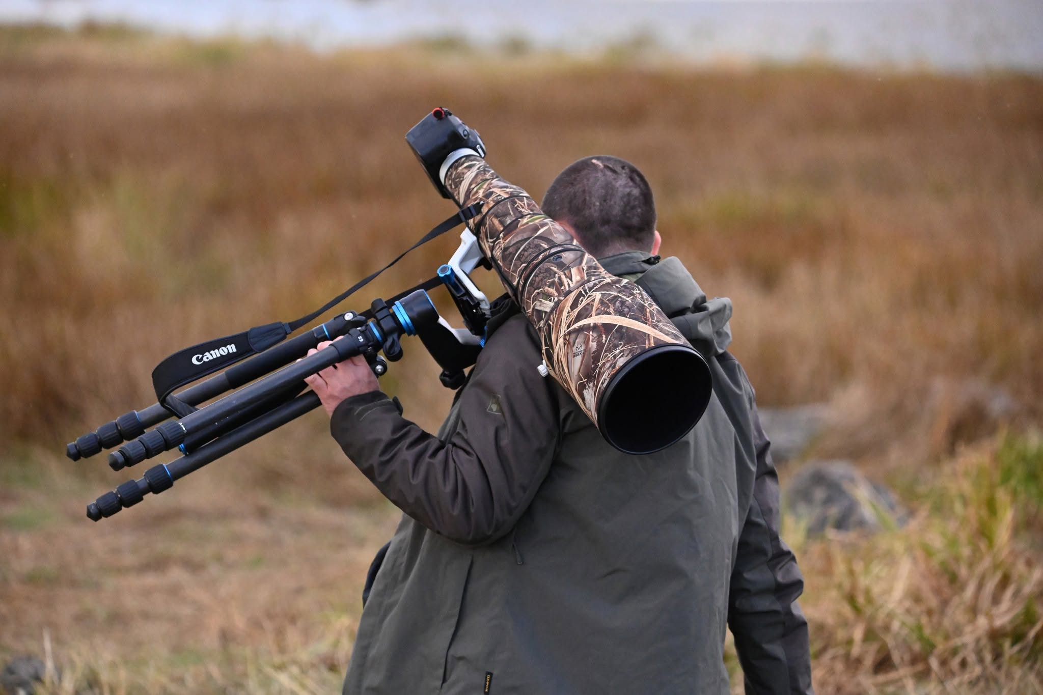 Photographer carrying a long lens and tripod through the grass